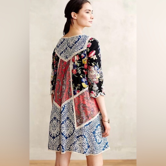 Vanessa Virginia Anthropologie Inez Patchwork Swing Dress Size 0 or small Boho - Picture 2 of 9